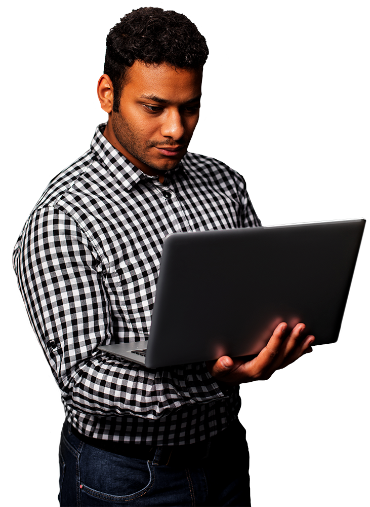 IT man holding laptop