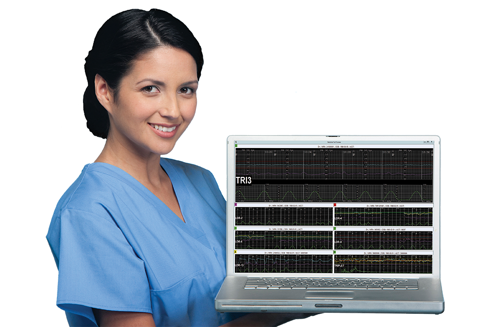 nurse holding laptop with display of obix system